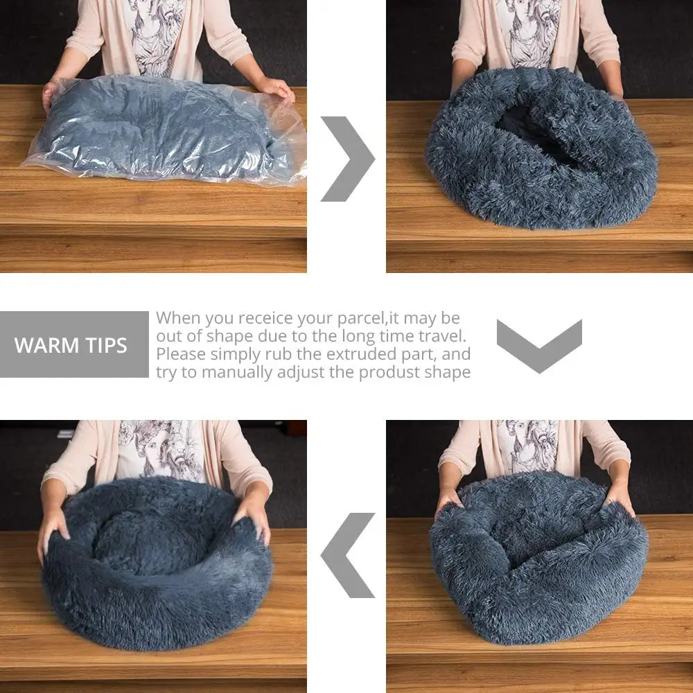 Round Plush Pet Bed — Washable, Super Soft Donut for Dogs & Cats