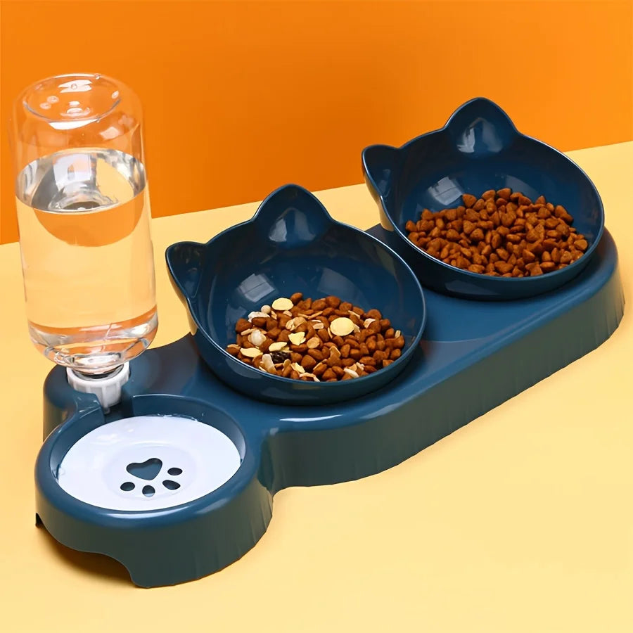 3-in-1 Tilted Cat Bowl Set — Food & Water Feeder with Gravity Bottle