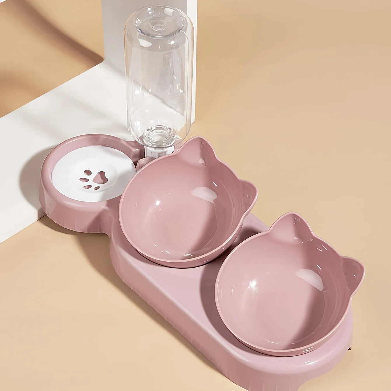3-in-1 Tilted Cat Bowl Set — Food & Water Feeder with Gravity Bottle