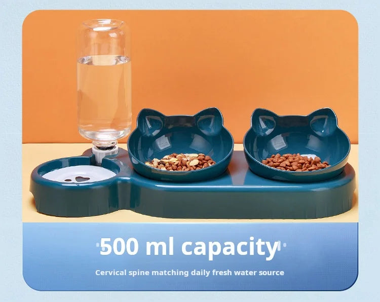 3-in-1 Tilted Cat Bowl Set — Food & Water Feeder with Gravity Bottle