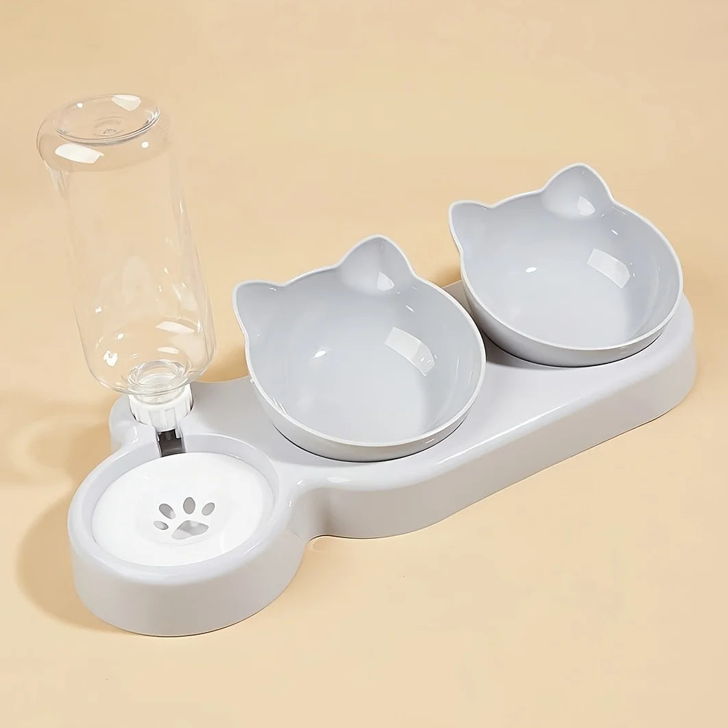 3-in-1 Tilted Cat Bowl Set — Food & Water Feeder with Gravity Bottle