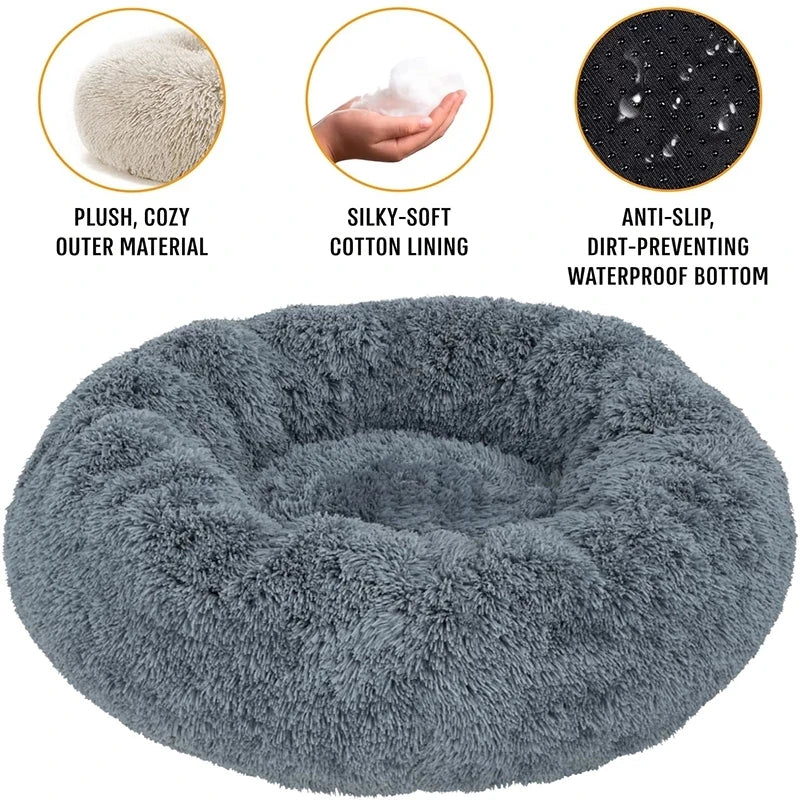 Round Plush Pet Bed — Washable, Super Soft Donut for Dogs & Cats