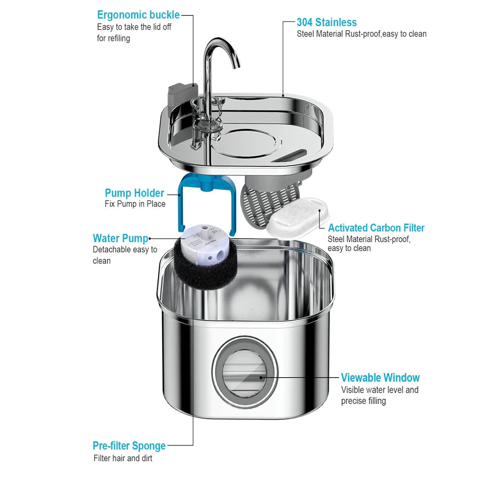 2.2L Stainless Steel Cat Water Fountain — Auto-Circulation Silent Feeder