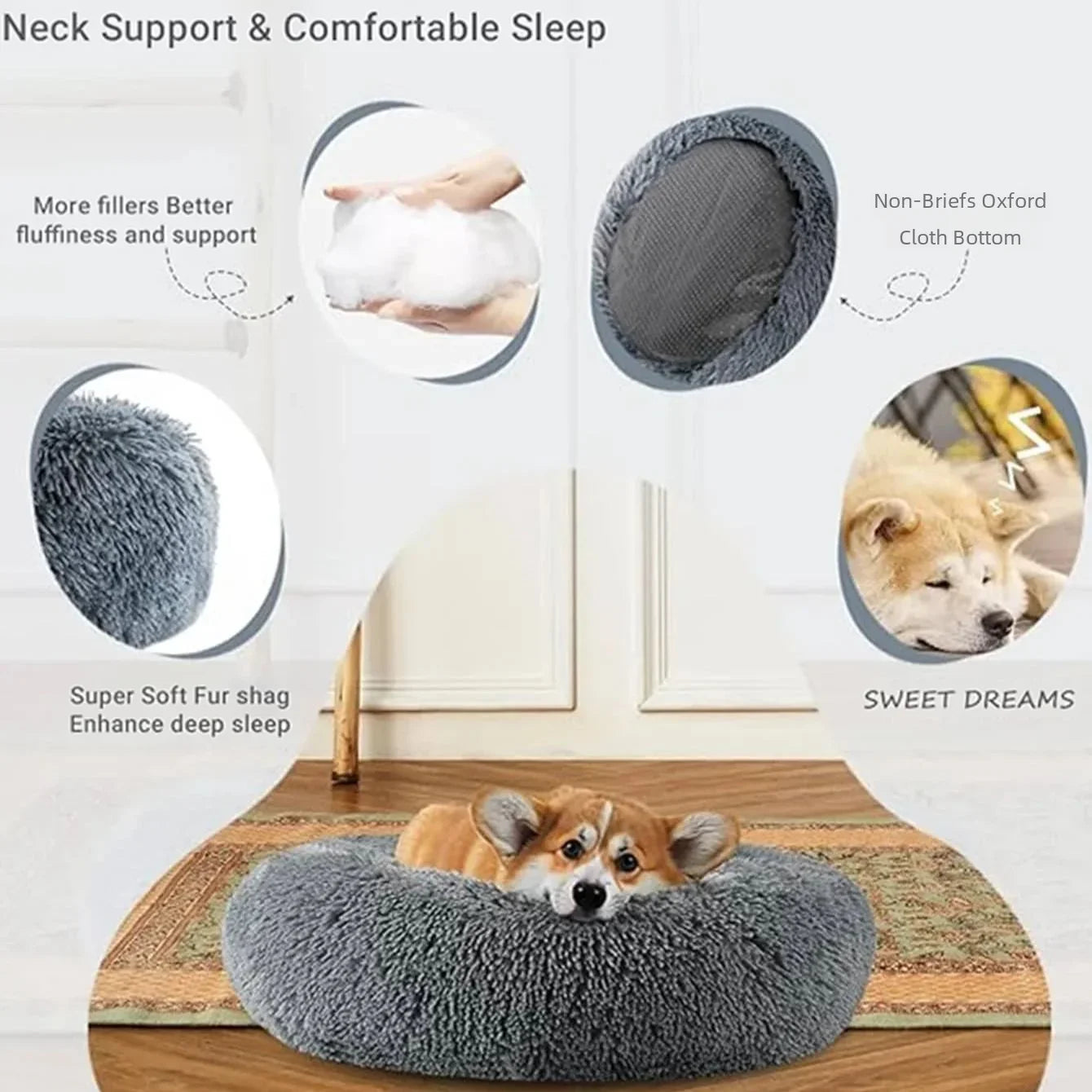 Round Plush Pet Bed — Washable, Super Soft Donut for Dogs & Cats