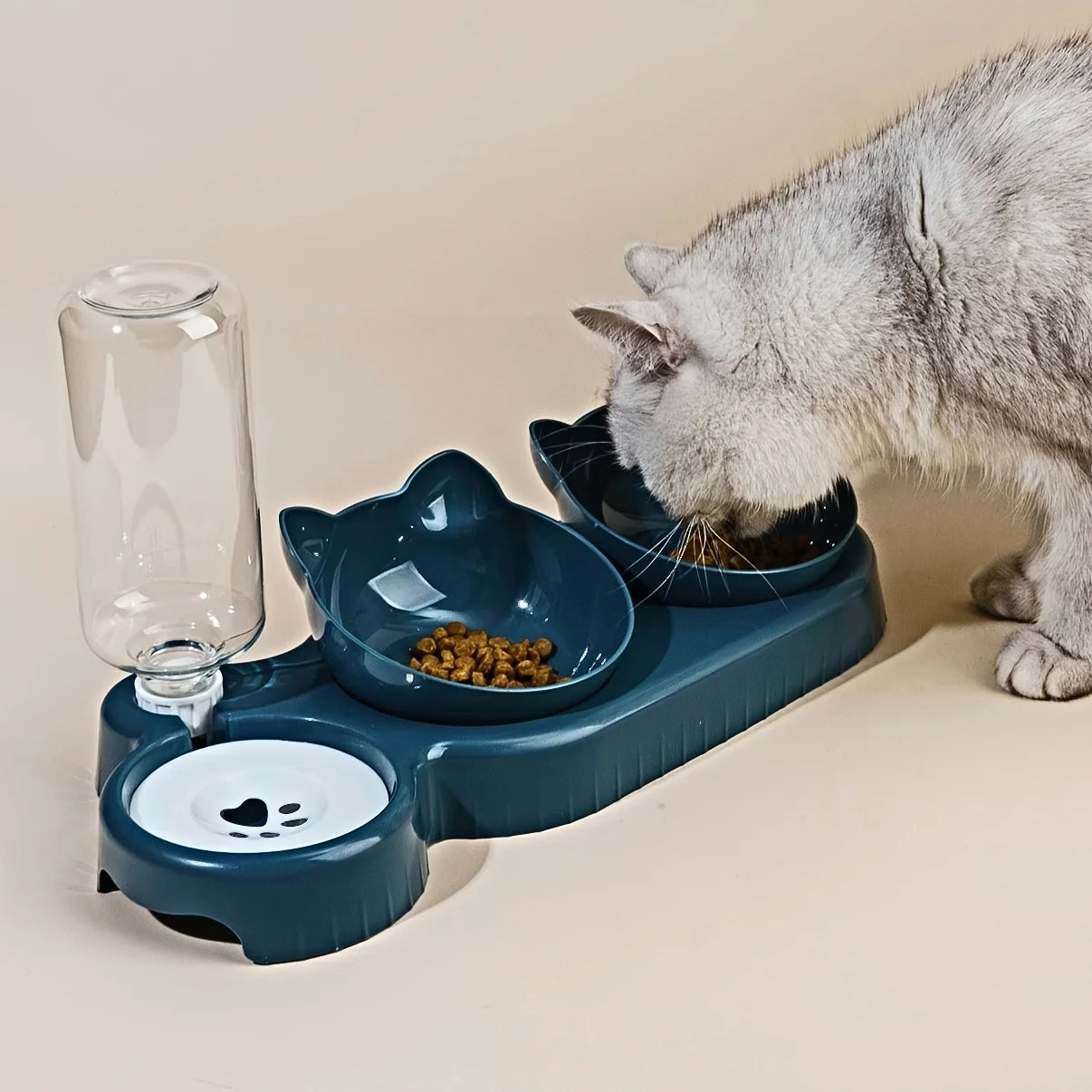 3-in-1 Tilted Cat Bowl Set — Food & Water Feeder with Gravity Bottle