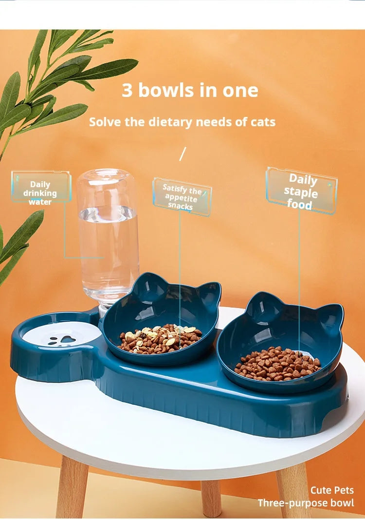 3-in-1 Tilted Cat Bowl Set — Food & Water Feeder with Gravity Bottle