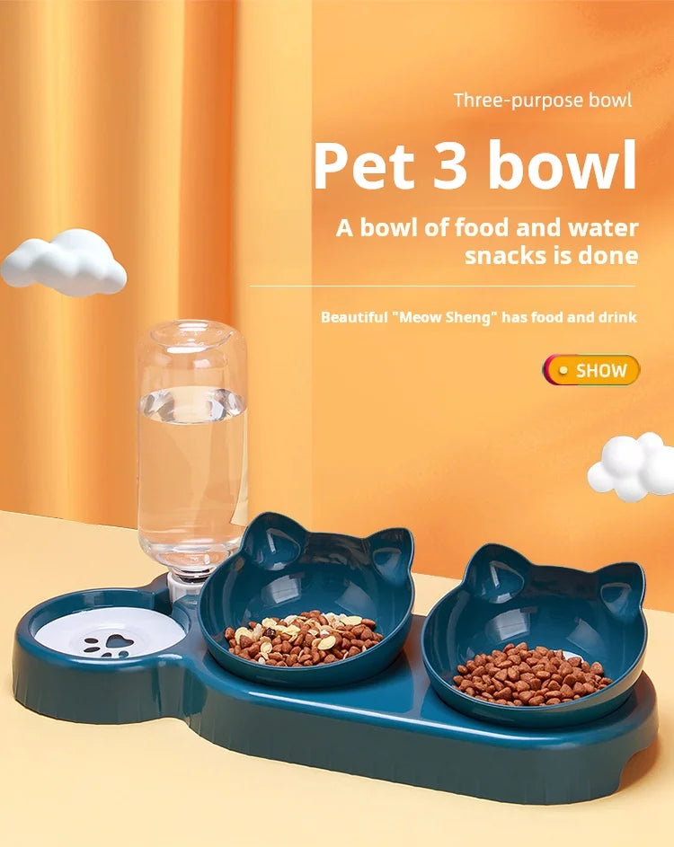 3-in-1 Tilted Cat Bowl Set — Food & Water Feeder with Gravity Bottle